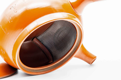 Japanese Kyusu - Calligraphy Engraved Red Shudei Tokoname-yaki Mesh Teapot - 325ml