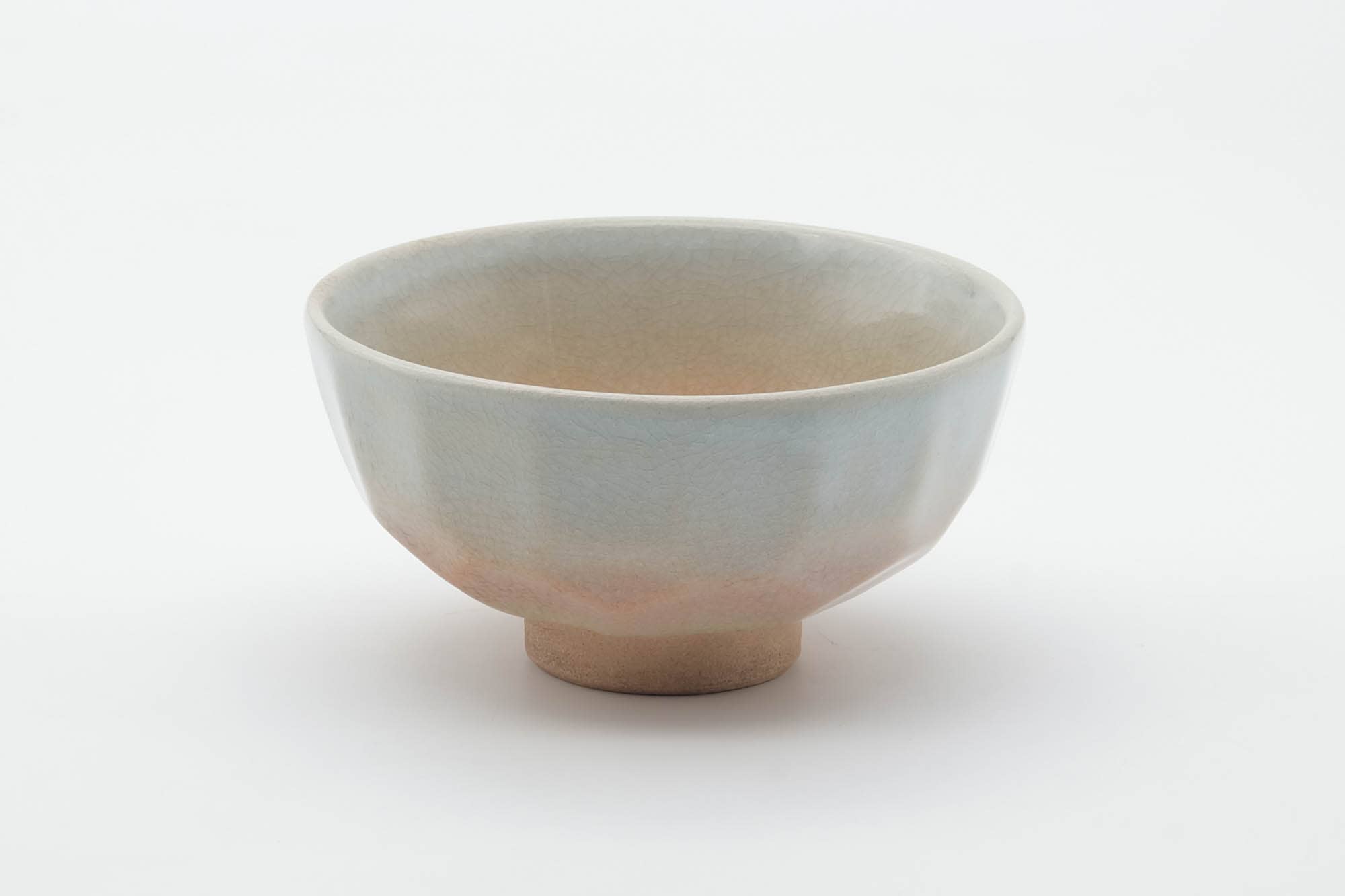Japanese Matcha Bowl - Faceted Geometric Beige Pink Glazed Kyo-yaki Chawan - 250ml