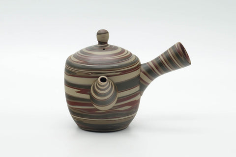 Tezumi — Japanese Kyusu - Green Red White Nerikomi Tokoname Teapot - 310ml — side view with the lid and side handle
