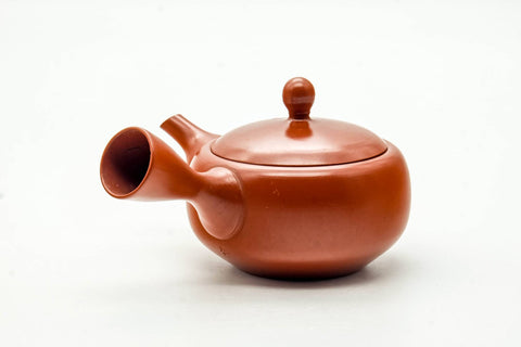 Japanese Kyusu - Classic Red Shudei Tokoname-yaki Mesh Teapot - 200ml - front view with the spout pointing left and the handle behind