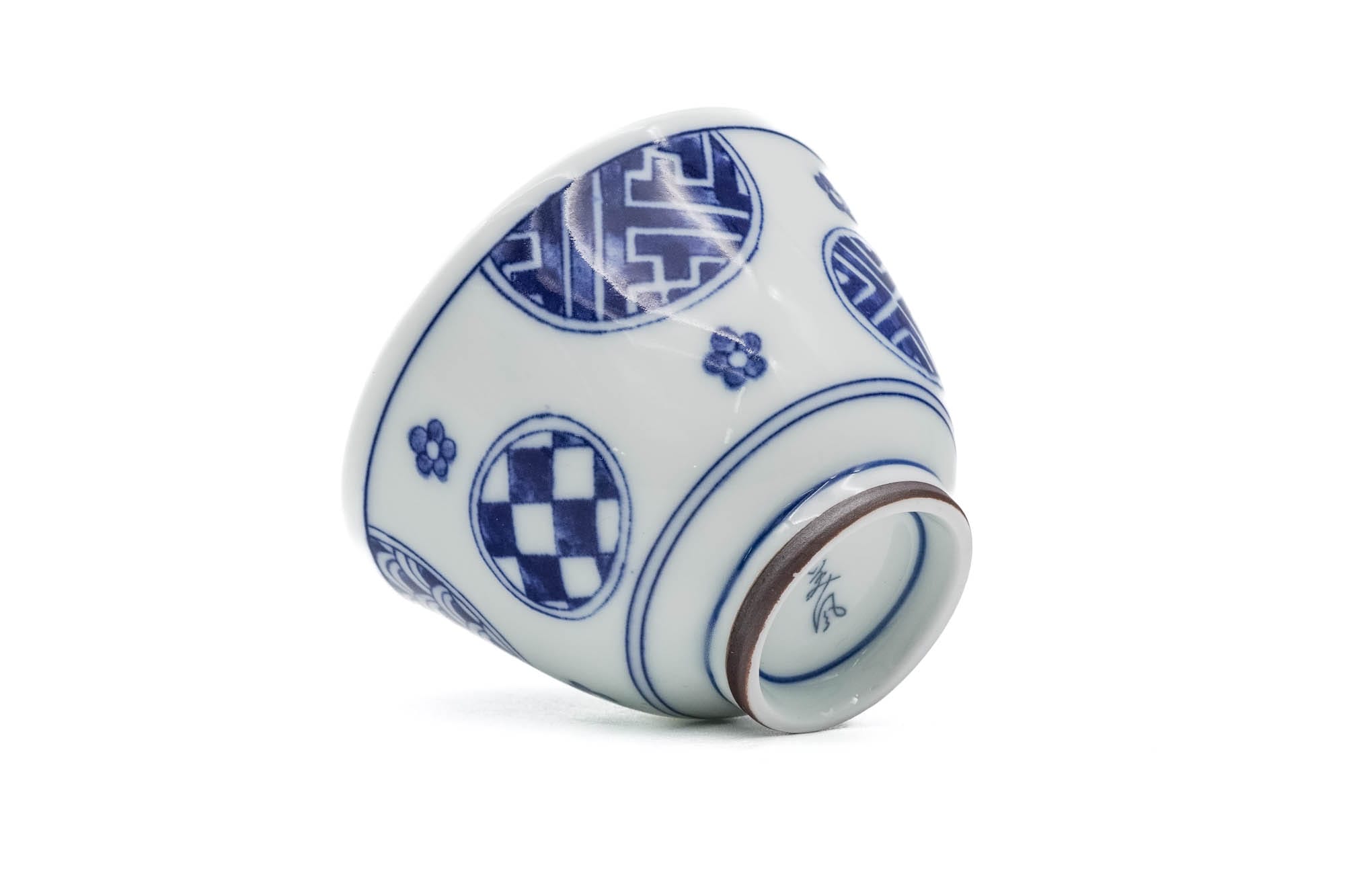 Japanese Teacup - Blue Circular Crests Porcelain Mino-yaki Yunomi - 70ml
