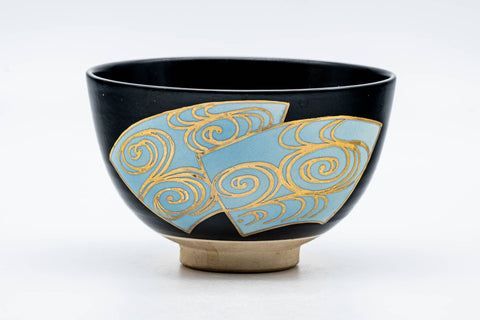 Japanese Matcha Bowl - Black Gold Teal Wan-nari Kyo-yaki Chawan - 250ml