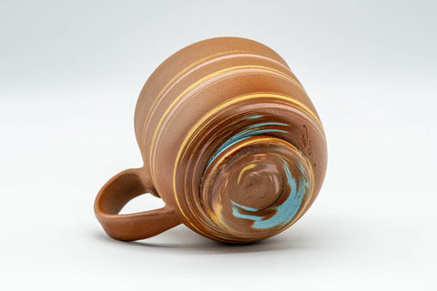 Japanese Teacup - Beige Blue Nerikomi Rear-handled Yunomi - 180ml - tilted view showing the base and handle