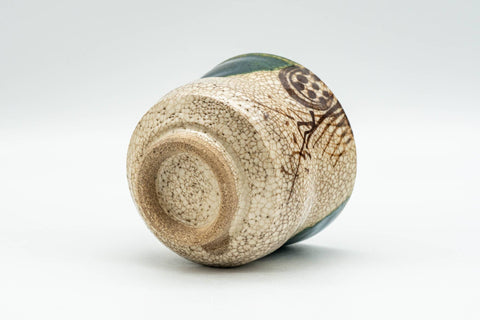 Japanese Teacup - Crazed Green Drip-Glazed Geometric Oribe-yaki Yunomi - 110ml