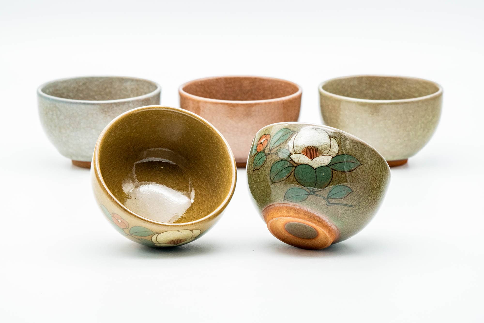 Japanese Teacups - Set of 5 Unique Floral Celadon Glazed Yunomi - 150ml