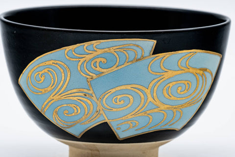 Japanese Matcha Bowl - Black Gold Teal Wan-nari Kyo-yaki Chawan - 250ml