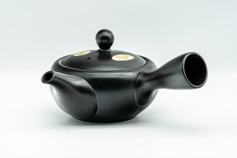 Japanese Kyusu - Floral Engraved Black Kurodei Tokoname-yaki Obi-ami Teapot - 300ml