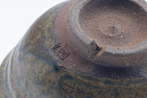 Tezumi — Japanese Matcha Bowl - Brown Green Mottled Drip-Glazed Chawan - 200ml — closeup of the glaze