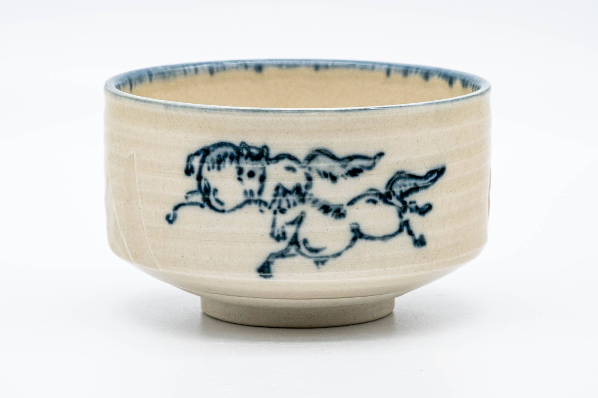 Japanese Matcha Bowl - Beige Blue Horses Hantsutsu-gata Chawan - 450ml