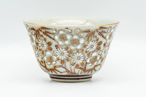 Japanese Teacup - Chrysanthemum Ume Kutani-yaki Yunomi - 120ml - side view of the floral kutani decoration