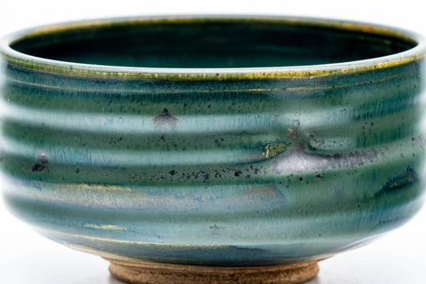 Tezumi — Japanese Matcha Bowl - Green Glazed Thumb-Indented Spiraling Chawan - 200ml — inverted showing the foot ring