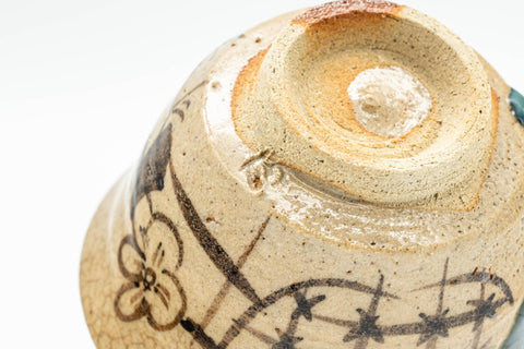 Japanese Teacup - Floral Geometric Green Drip-Glazed Oribe-yaki Guinomi - 50ml