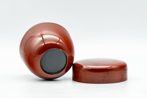 Japanese Natsume - Red Lacquer Spotted Matcha Tea Caddy - 80ml - angled view of the open caddy with its lid resting alongside