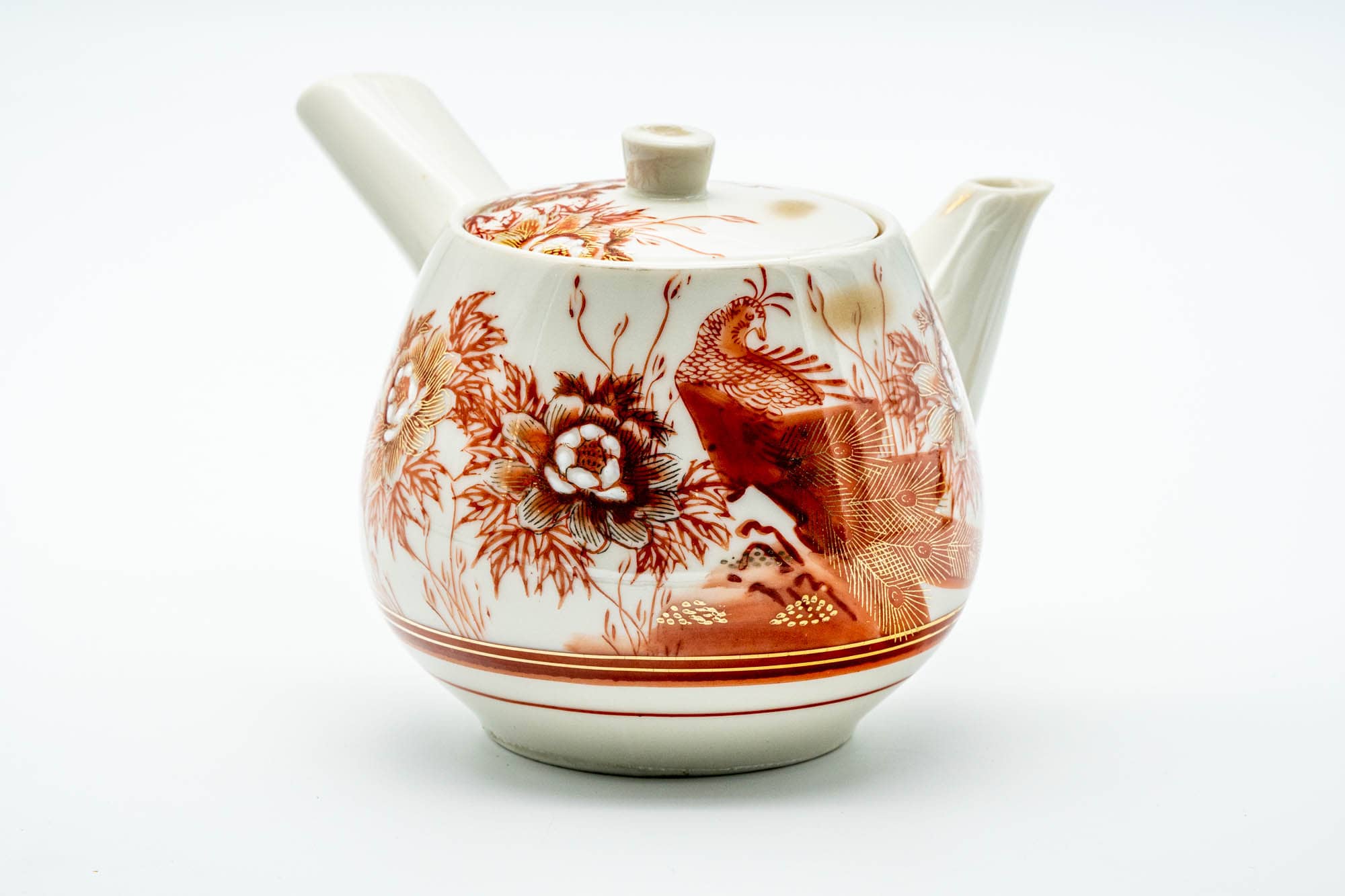 Japanese Kyusu - Red Floral Peacock Kutani-yaki Porcelain Teapot - 500ml