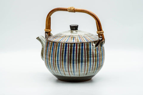 Japanese Dobin - Large Striped Ceramic Debeso Filter Top-Handled Teapot - 700ml - Tezumi