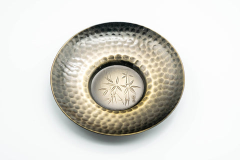 Japanese Chataku - Set of 5 Hammered Brass Uniquely Engraved Tea Saucers with Chasaji Tea Scoop in Wooden Box