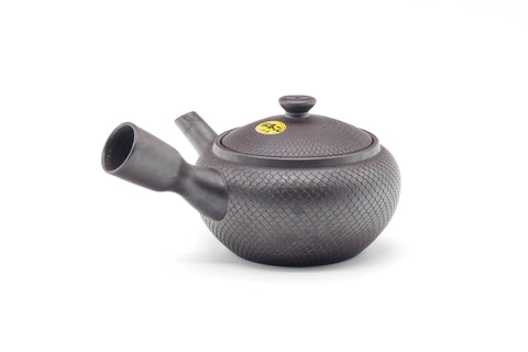 Tezumi — Japanese Kyusu - Engraved Banko-yaki Mesh Teapot - 290ml — three-quarter view from the opposite side