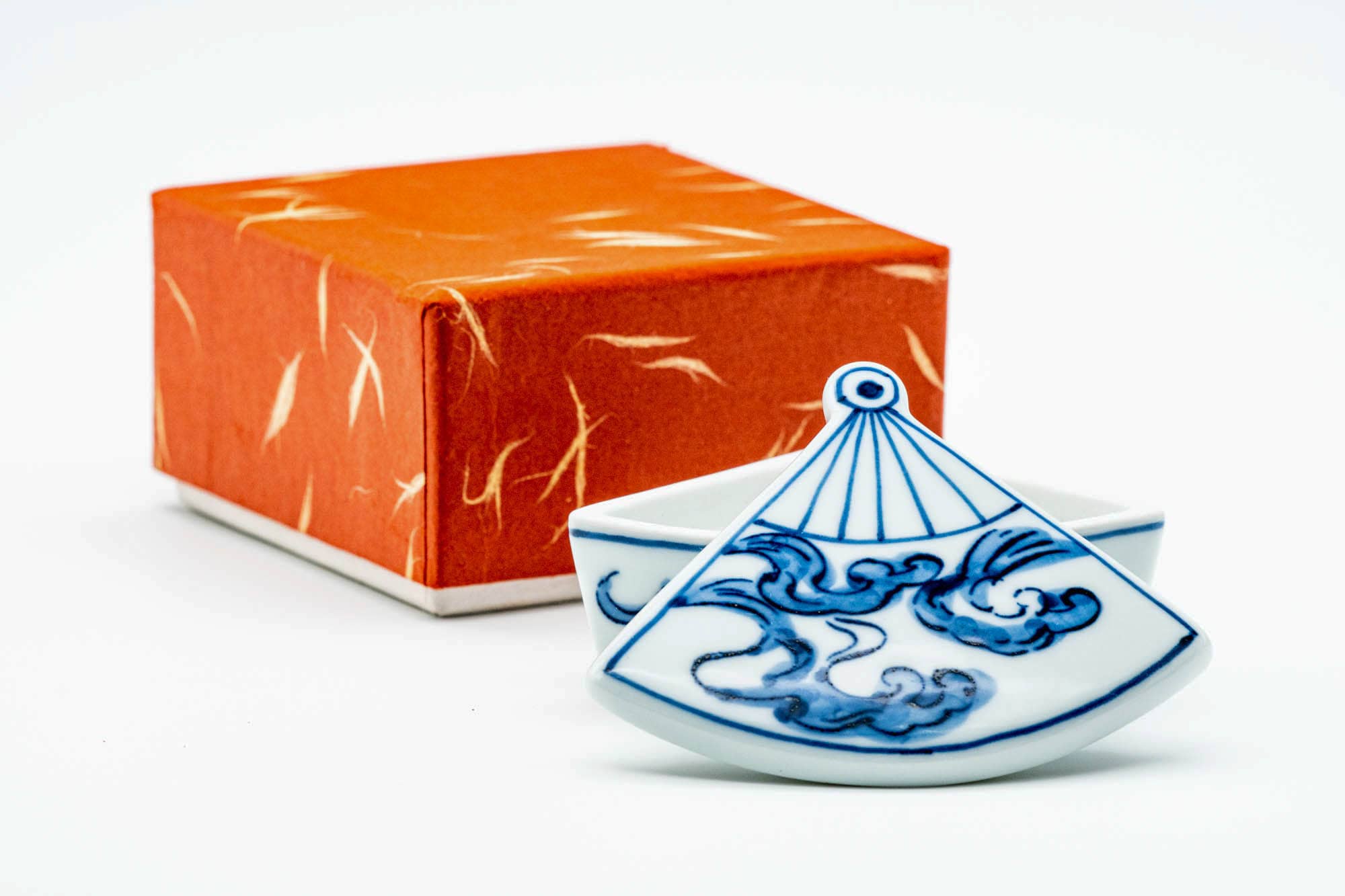 Japanese Kogo - Abstract Blue Fan-shaped Incense Container