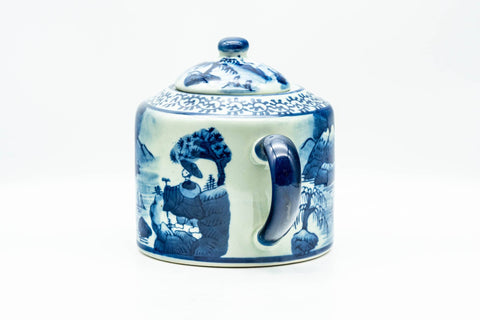 Japanese Kyusu - Blue Geometric Mountainous Motif Porcelain Do-ake Ushirode Teapot - 550ml - three-quarter view showing the lid and back handle