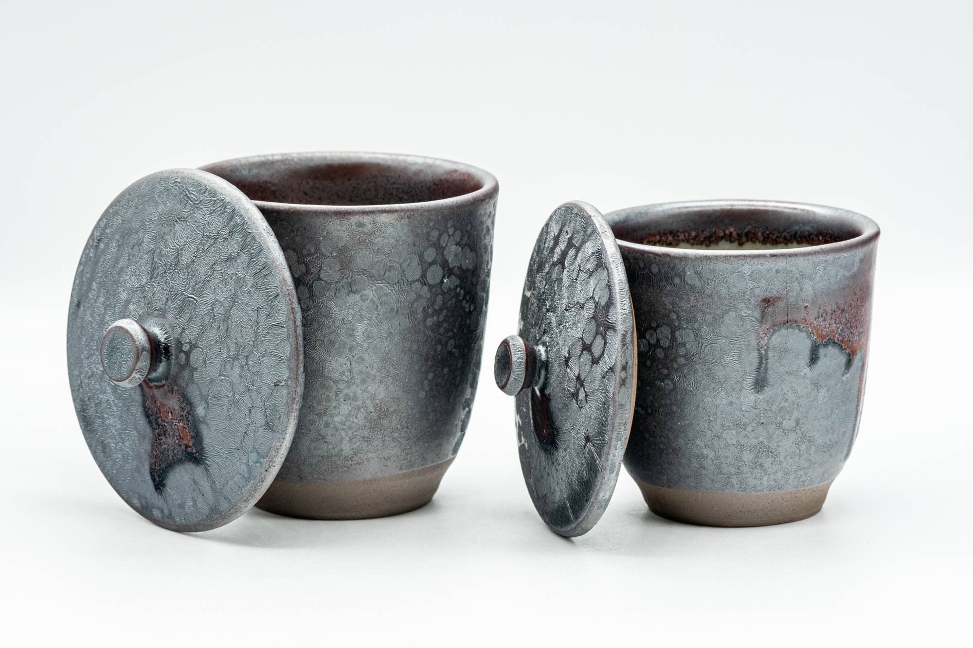 Japanese Teacups - Pair of Tenmoku Drip-Glazed Lidded Meoto Yunomi
