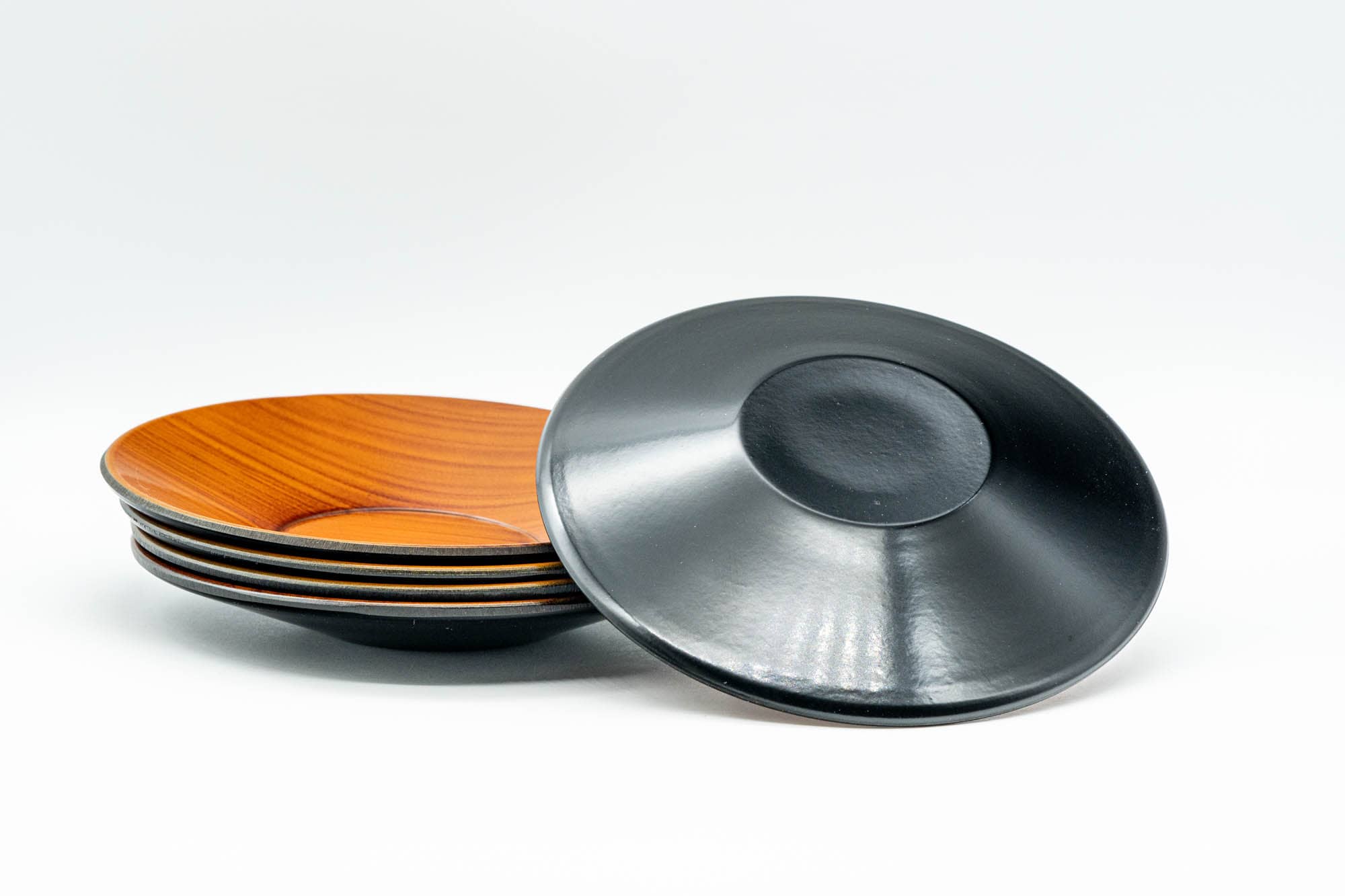 Japanese Chataku - Set of 5 Orange Wood Patterned Black Lacquer Tea Saucers - Tezumi