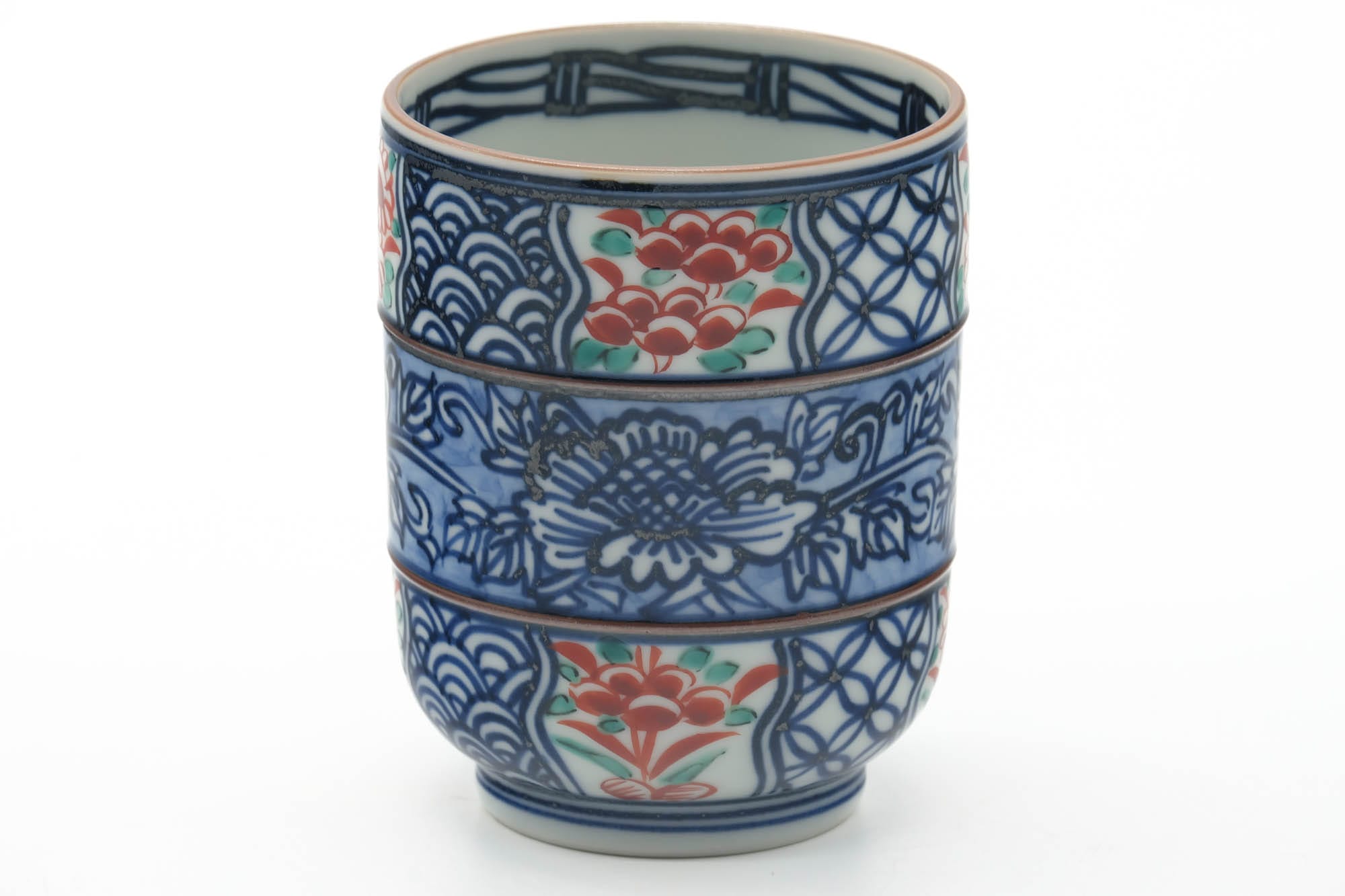 Japanese Teacup - Blue Floral Geometric Arita-yaki Yunomi - 245ml