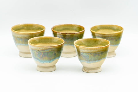 Japanese Tea Set - Green Drip-Glazed Agano-yaki Houhin Teapot with Katakuchi Water Cooler and 5 Guinomi Teacups