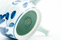 Japanese Kyusu - Blue Floral Arita-yaki Ceramic Filter Teapot - 400ml - interior view with the lid removed, showing the green-rimmed perforated ceramic filter and white interior