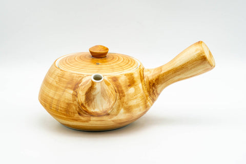 Japanese Tea Set - Yellow Blue Floral White Inner-Glazed Arita-yaki Kyusu Teapot with Katakuchi Water Cooler and 5 Yunomi Teacups