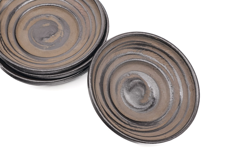 Japanese Chataku - Set of 5 Dark Brown Spiraling Wooden Tea Saucers