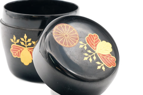Japanese Natsume - Chrysanthemums Paulownias Black Lacquer Tea Caddy