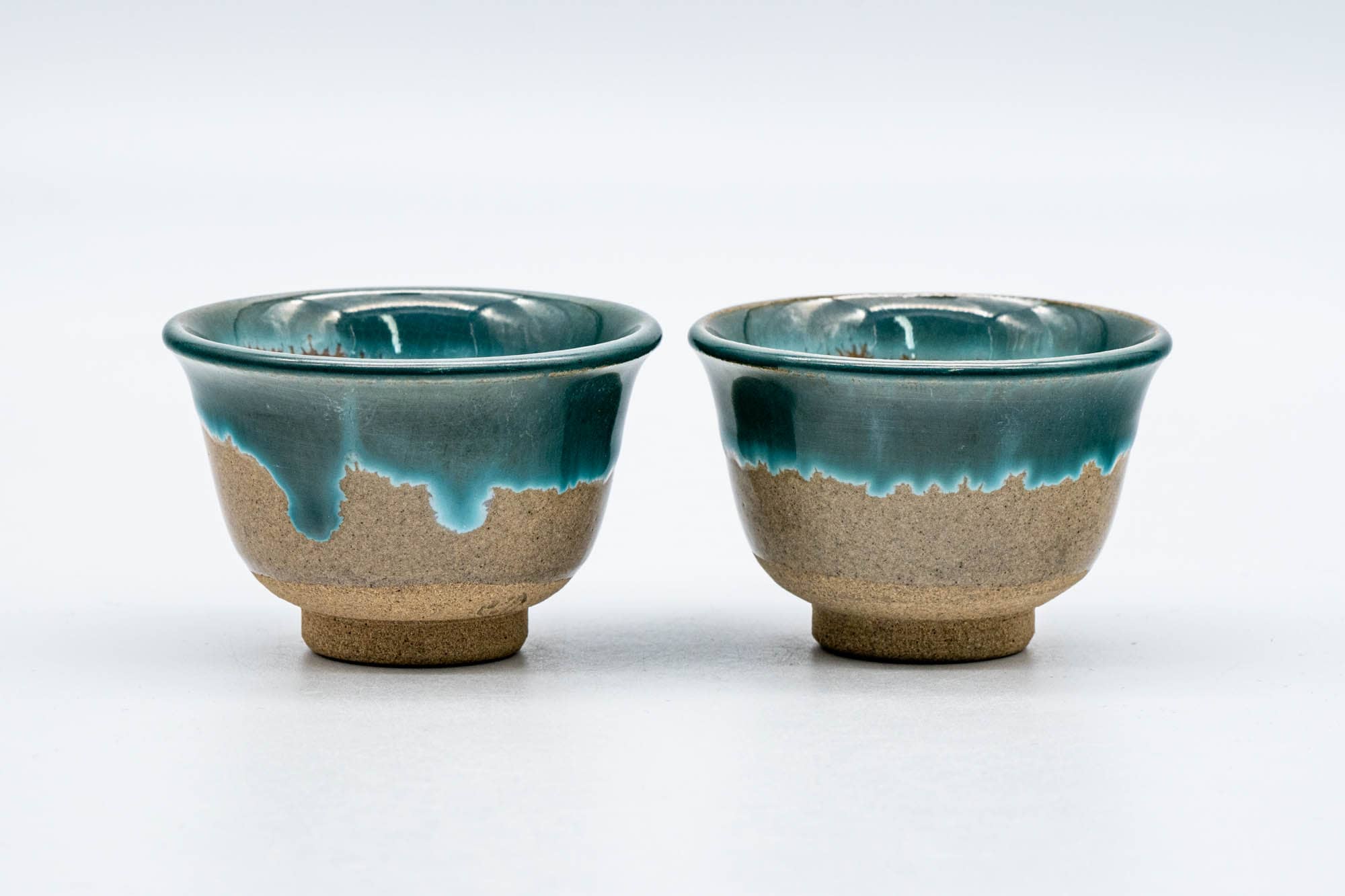 Japanese Teacups - Pair of Beige Green Drip-Glazed Agano-yaki Yunomi - 60ml