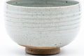Japanese Matcha Bowl - Grey Mottled Karatsu-yaki Hantsutsu-gata Chawan - 475ml - side view showing the half-cylinder form and throwing rings
