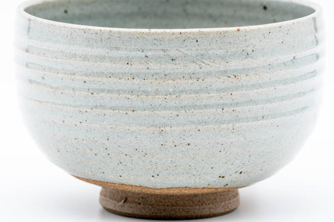 Japanese Matcha Bowl - Grey Mottled Karatsu-yaki Hantsutsu-gata Chawan - 475ml - side view showing the half-cylinder form and throwing rings