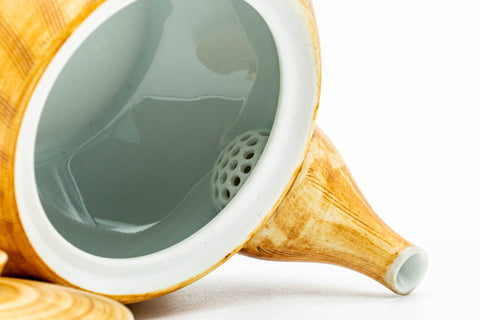 Close-up of the teapot interior showing the ceramic strainer at the base of the spout
