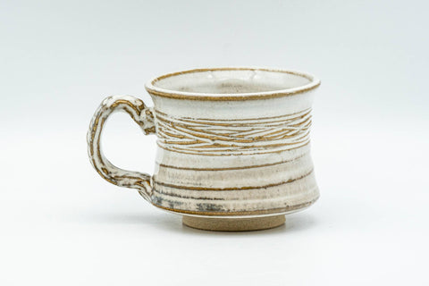 Tezumi — Japanese Teacup - Carved Exterior White Glazed Rear-Handled Ushirode Yunomi - 110ml — front view
