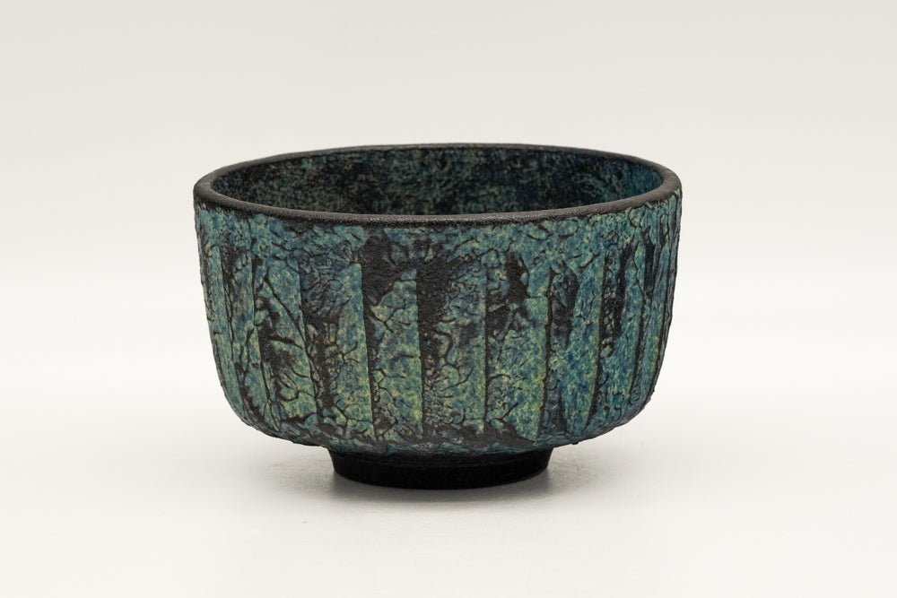 Japanese Matcha Bowl - 井栗敏也 Igura Toshiya - Faceted Blue-Green Kiyomizu-yaki Chawan