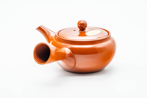 Japanese Kyusu - Red Shudei Tokoname-yaki Obi-ami Mesh Teapot - 325ml - side profile with the spout to the left