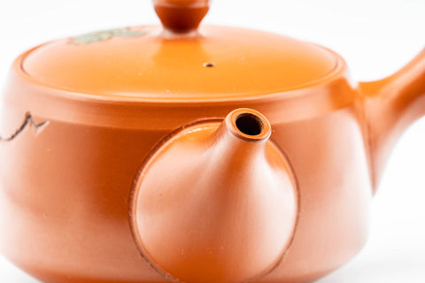 Tezumi — Japanese Kyusu - Grapevine Engraved Tokoname-yaki Obi-ami 360 Mesh Teapot - 370ml — closeup of the decoration