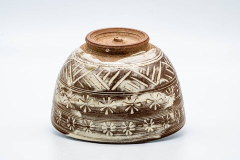 Japanese Matcha Bowl - Brown Chrysanthemum-stamped Mishima Wan-nari Chawan - 425ml