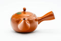 Japanese Kyusu - Floral Red Shudei Tokoname-yaki Mesh Basket Teapot - 280ml - rear three-quarter view with the side handle extended