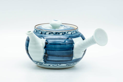 Tezumi — Japanese Kyusu - Blue Striped Village Arita-yaki Debeso Teapot - 300ml — three-quarter view from the opposite side
