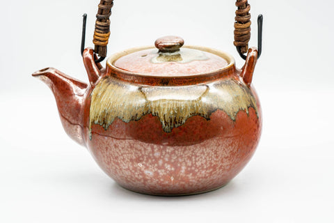 Japanese Tea Set - Red Drip-Glazed Agano-yaki Dobin Teapot and 4 Yunomi Teacups - teapot side profile showing spout