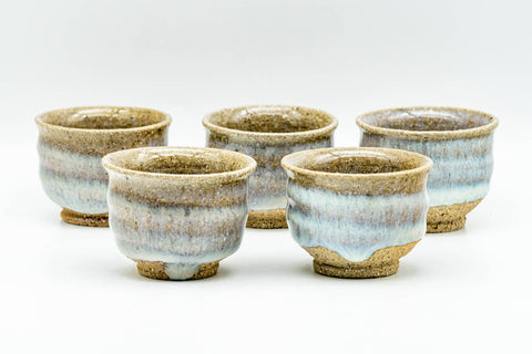 Japanese Teacups - Set of 5 Blue Milky White Drip-Glazed Guinomi - 35ml - set viewed from above showing the interiors
