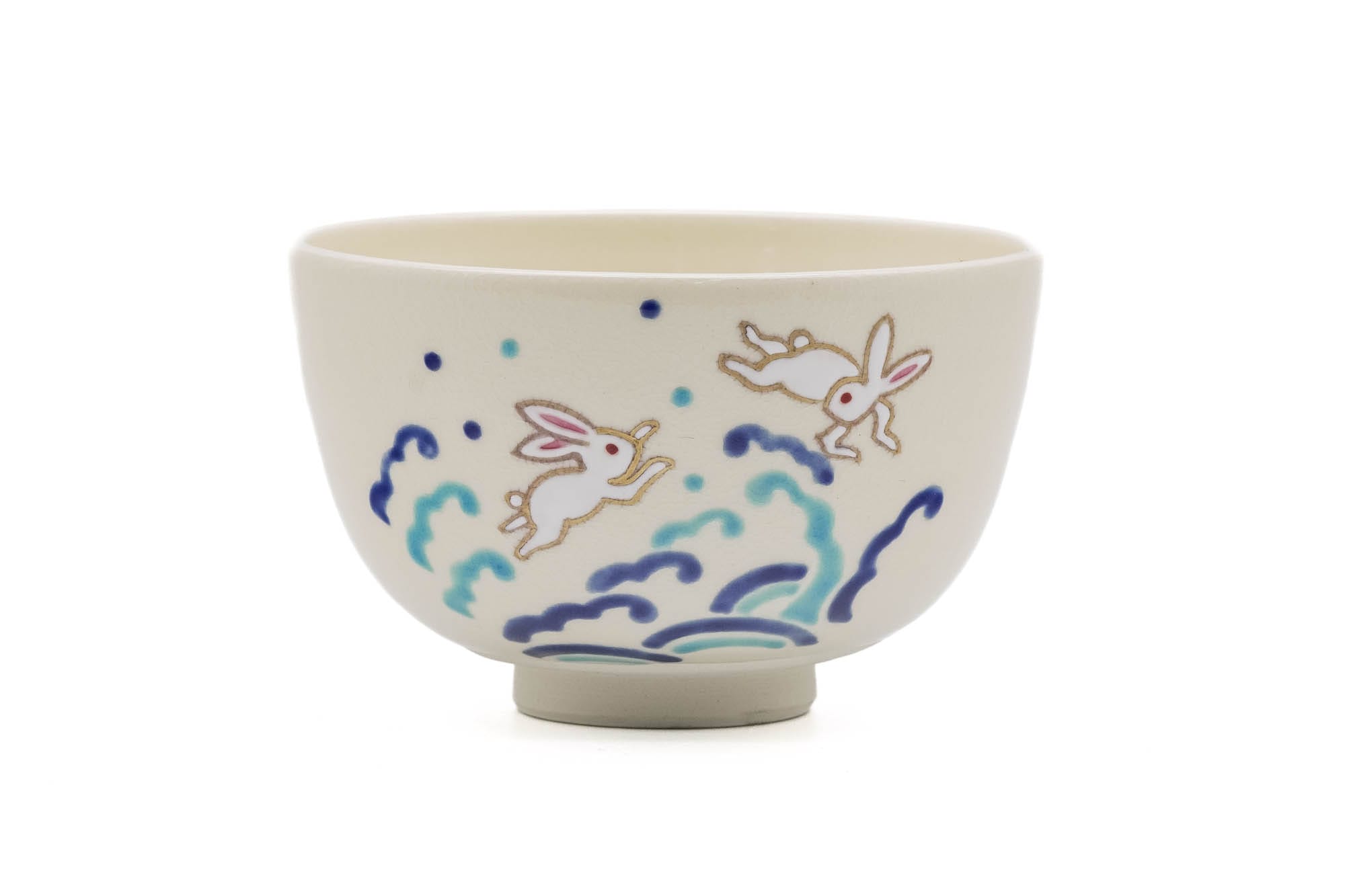 Japanese Matcha Bowl - 小野志峰 Shihō Ono - Blue Waves White Rabbits Nami Usagi Kyo-yaki Chawan - 300ml