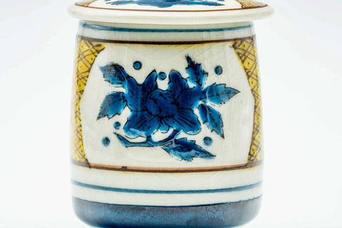 Japanese Teacup - Beige Blue Geometric Kutani-yaki Lidded Yunomi - 160ml