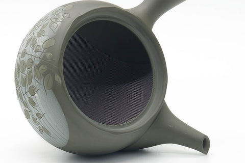 Tezumi — Japanese Kyusu - Floral Green Ryokudei Tokoname Mesh Teapot - 290ml — side profile showing the spout and handle