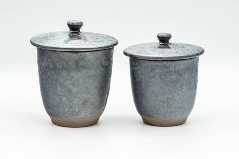 Japanese Teacups - Pair of Tenmoku Drip-Glazed Lidded Meoto Yunomi
