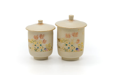 Japanese Teacups - Pair of Floral Kutani Meoto Yunomi