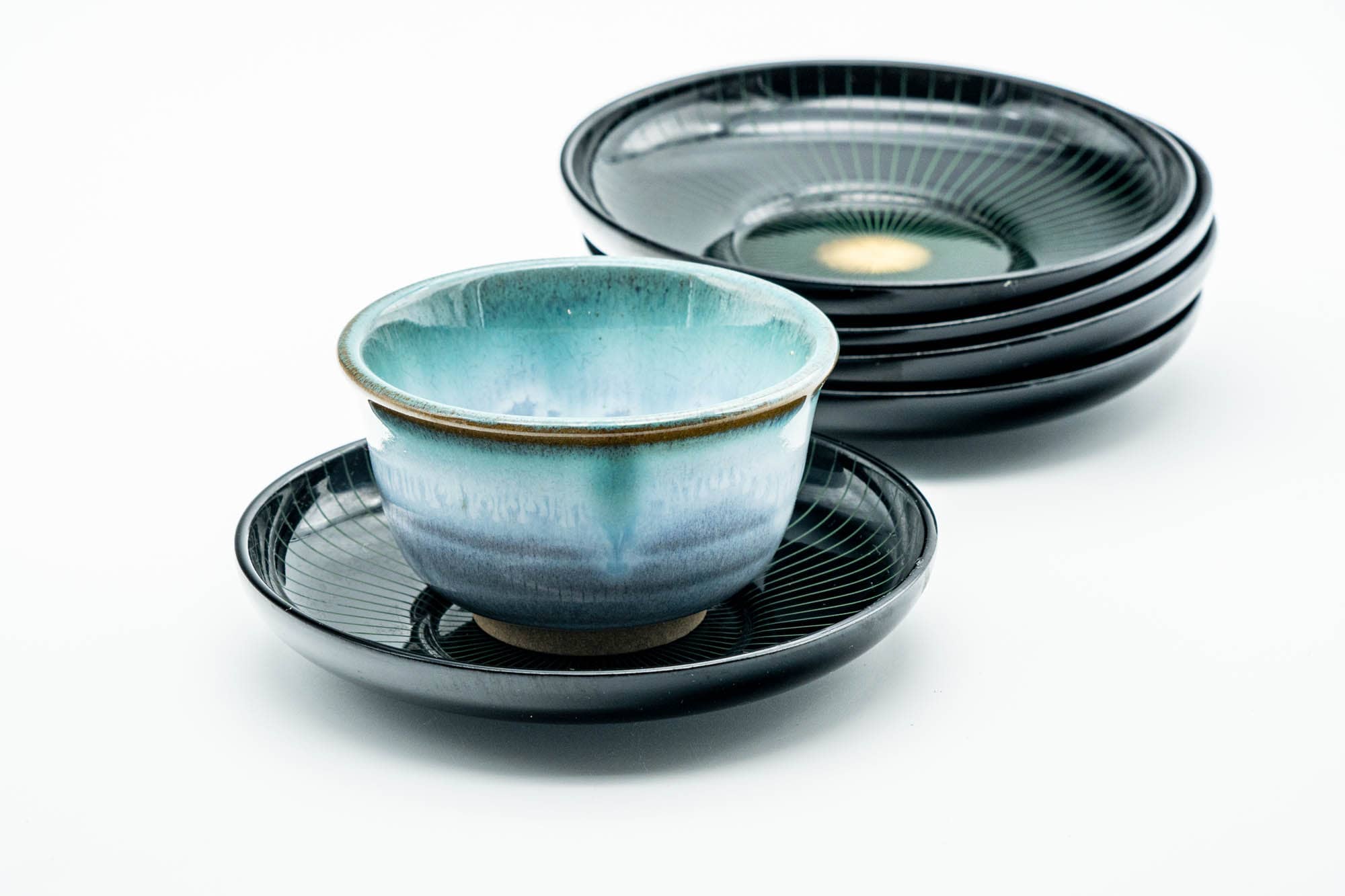 Japanese Chataku - Set of 5 Blue Gold Geometric Black Lacquered Tea Saucers